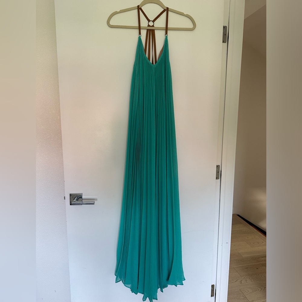 Teal Pleated Halter Dress with Brown Straps
